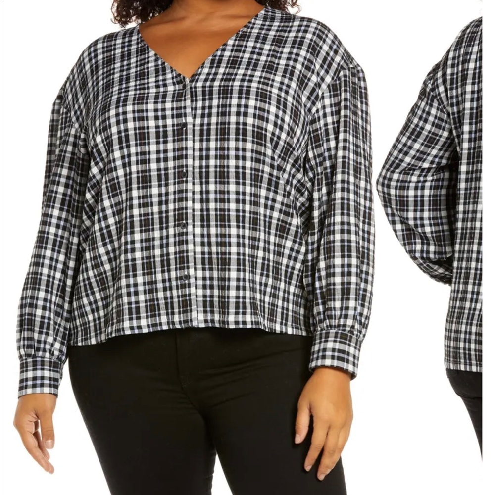 Treasure and Bond Check V-Neck Button-Up Top SZ S